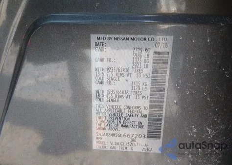 2016 Nissan Pathfinder Sl z USA, uszkodzony, nr VIN 5N1AR2MM5GC667203